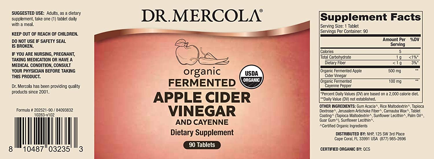 Dr. Mercola, Organic Fermented Apple Cider Vinegar and Cayenne Pepper, 90 Servings (90 Tablets), Supports a Healthy Metabolism, Non GMO, Soy Free, Gluten Free, USDA Organic...