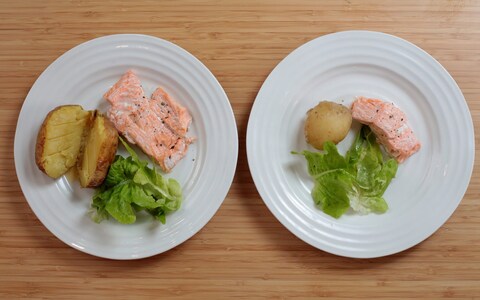 View of a large, modern portion size of potato with salmon and salad (left) and a smaller version (right) which was typical of the 1970s