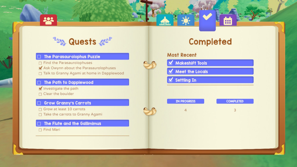 Screenshot showing the journal opened up. It is a brown book with cream pages. There are coloured tabs along the top and we are looking at the Quests section. The missions are in a blue block heading with brown writing setting out the tasks below each one. Those that are complete have a tick beside them.