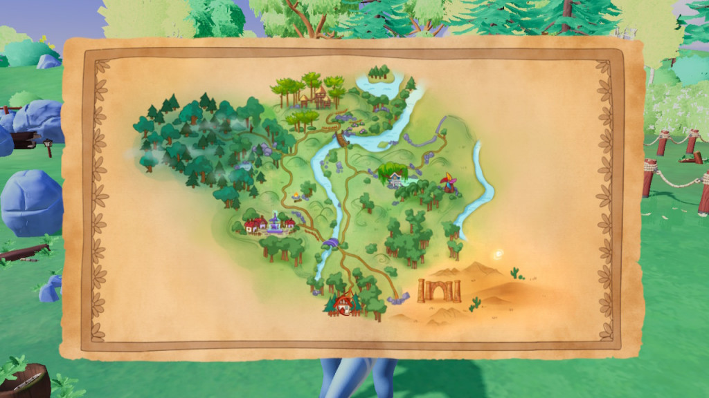 Screenshot showing the map uncovered so far of Paleo Pines. The map is on a brown rectangular paper with colourised locations shown. Green forests, red roofed villages and a brown desert area in the bottom right are connected via brown roads and bridges that cross a blue river.
