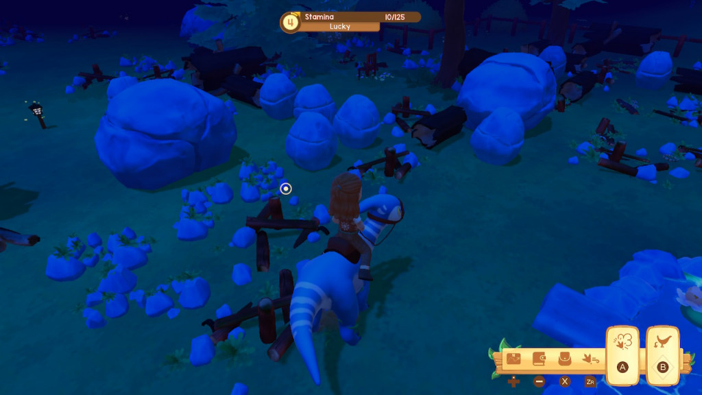Screenshot showing night-time in the game. Our character rides Lucky back at the farm. The graphics are in a blue filter to signify dusk while a small post with a lantern on glows yellow with glow bugs flying around it.