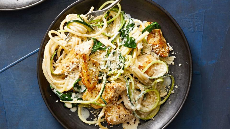 creamy chicken and zoodle recipe on a plate