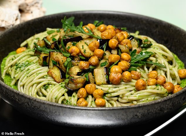 An example of vegan food: This spaghetti is made of soybean protein and is served with carrot top pesto, aubergine and chickpeas