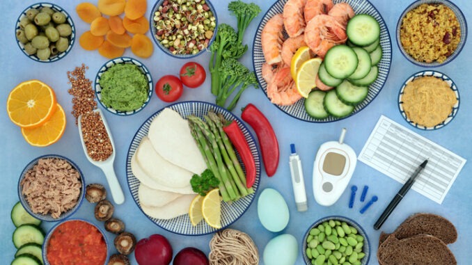 Low glycemic health food with blood sugar testing & lancing devices for diabetics with meal chart & foods below 55 on the GI index & high in antioxidants, omega 3, protein, anthocyanins, vitamins & minerals.